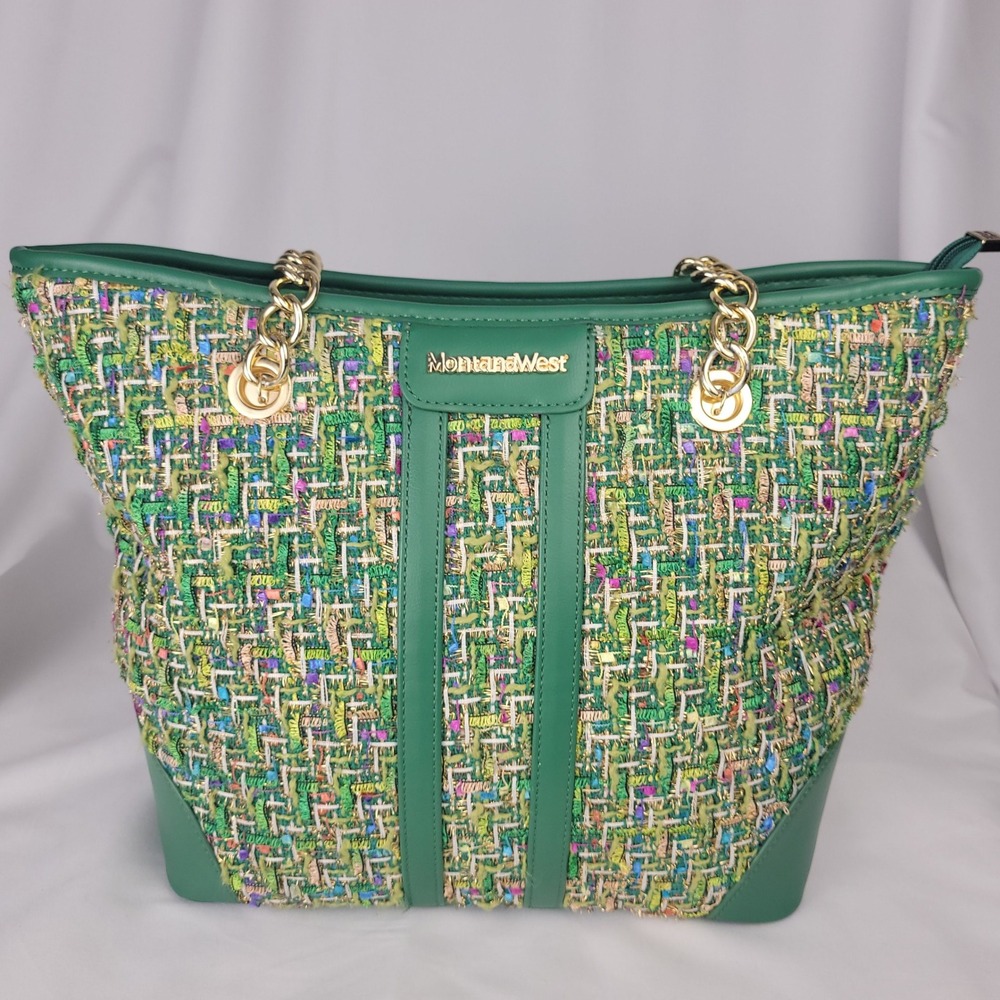 Montana West Green Tweed Tote Bag Gold Chain Shoulder Bag Multi Color NWOT